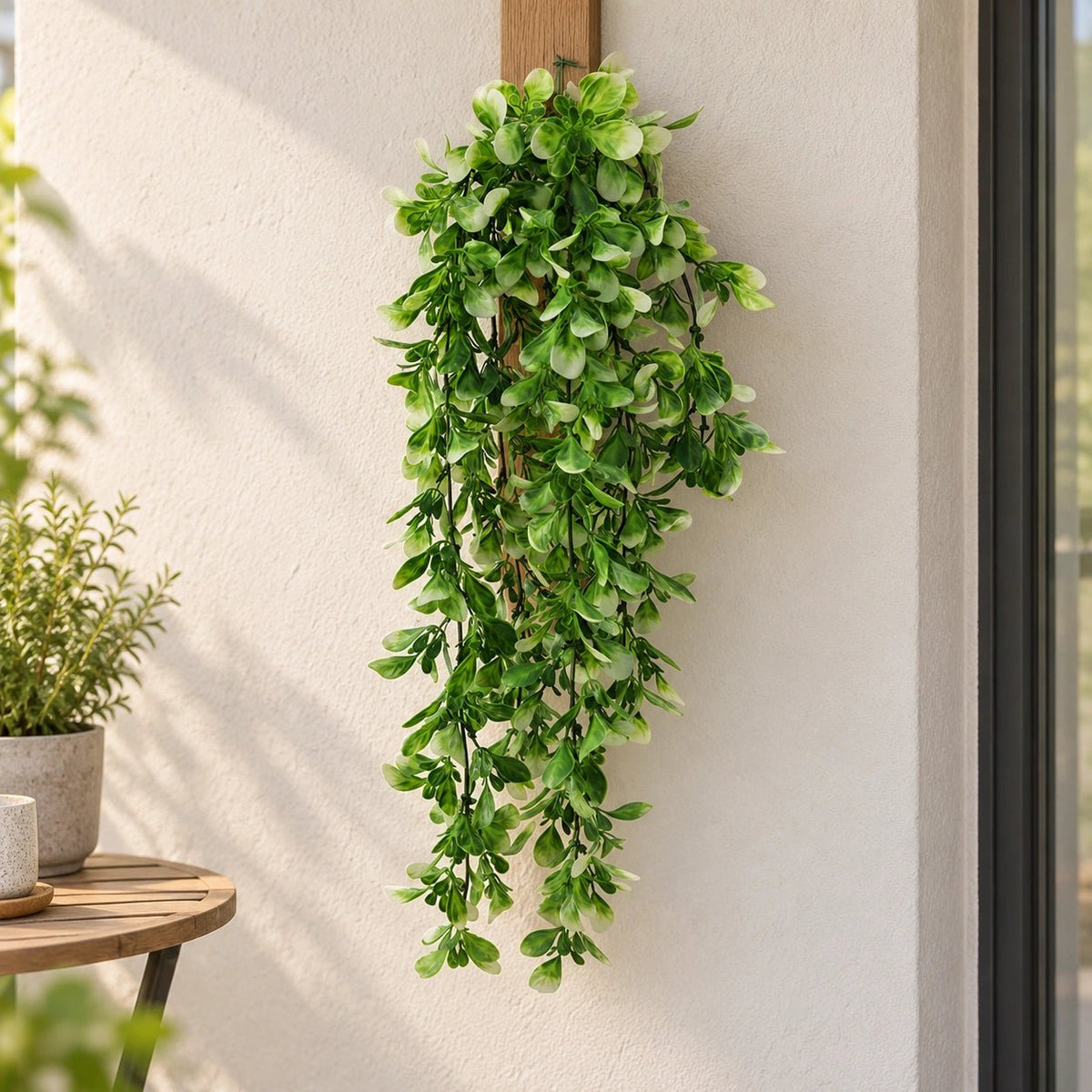 A long trailing artificial green vine with small oval leaves hanging from a wooden stake against a textured off-white wall, with part of a wooden side table and potted plants visible at the left edge.