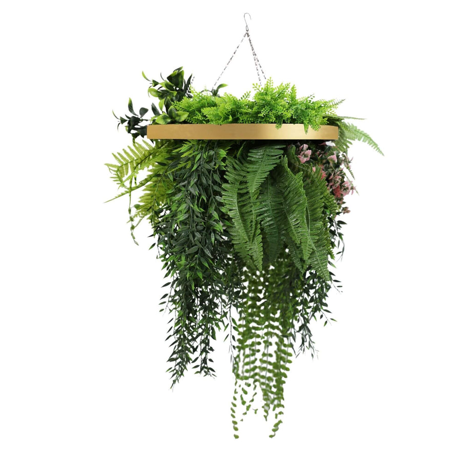 Gold Artificial Hanging Plant Disc Chandelier with Trailing Foliage — 40cm UV Resistant
