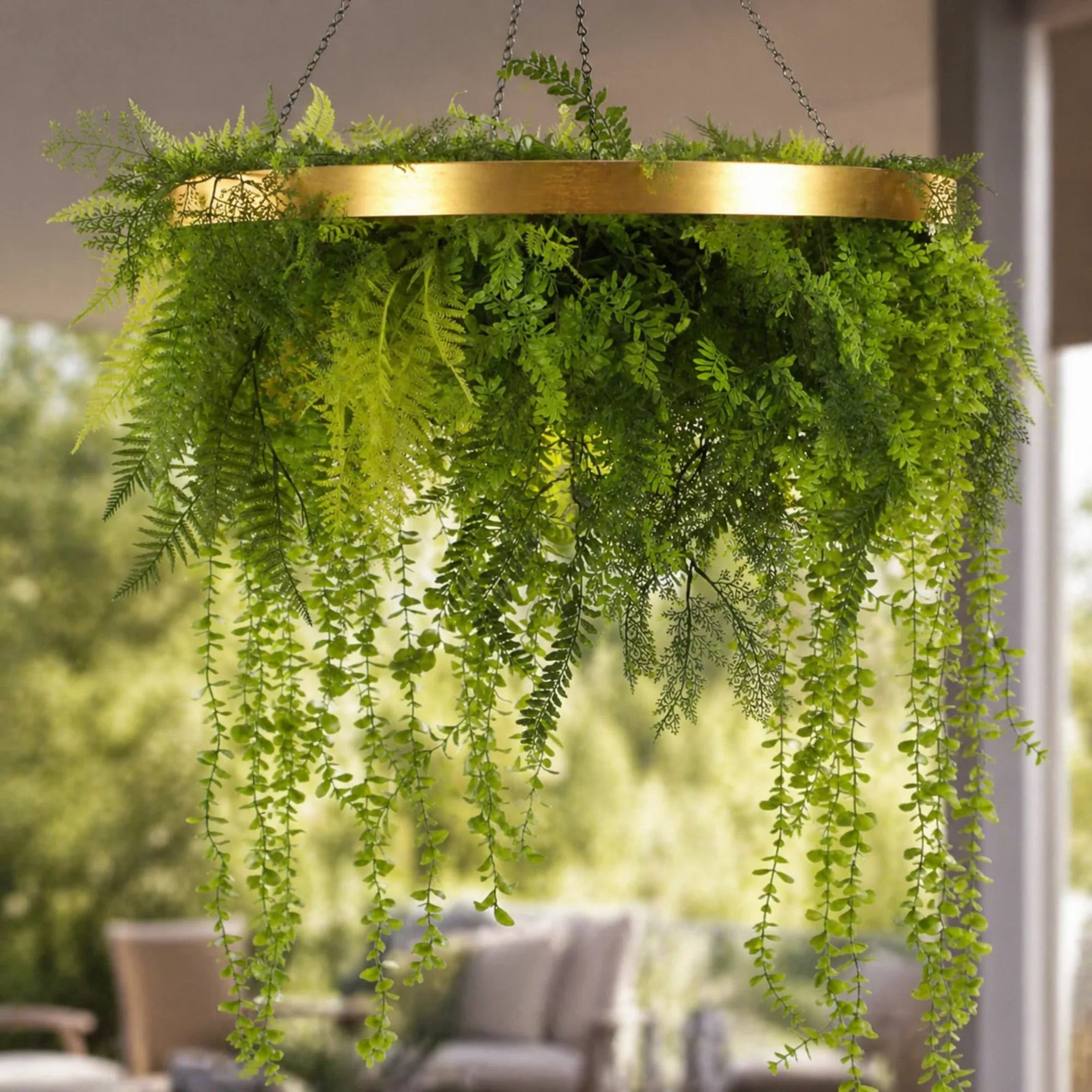 Gold Artificial Hanging Plant Disc Chandelier with Realistic Trailing Foliage — 80cm Limited Edition UV Resistant - Designer Vertical Gardens hanging fern hanging garland