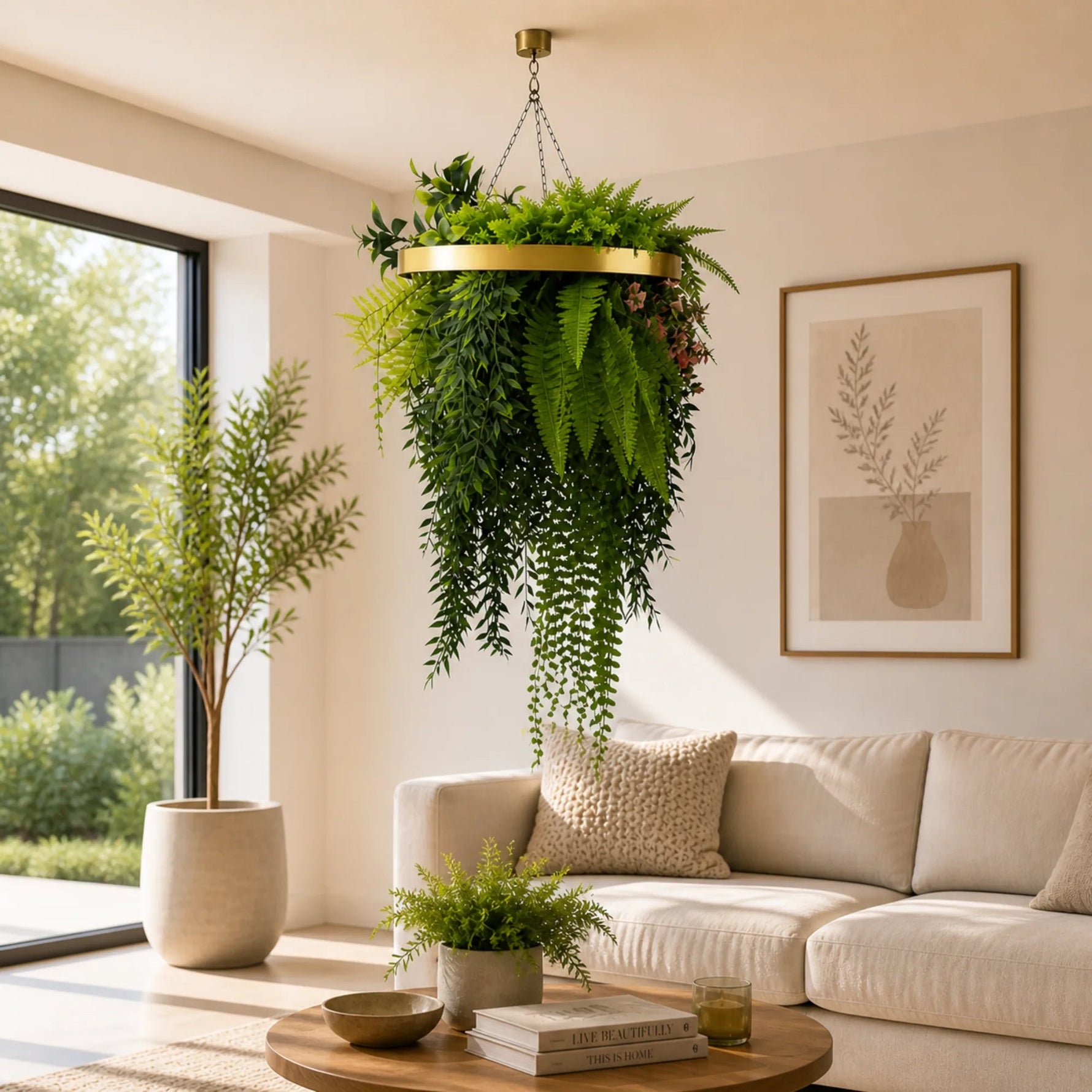 Hanging fern plant in a modern living room with a sofa and decor.