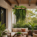Outdoor living space with a hanging plant, sofa, and potted plants.
