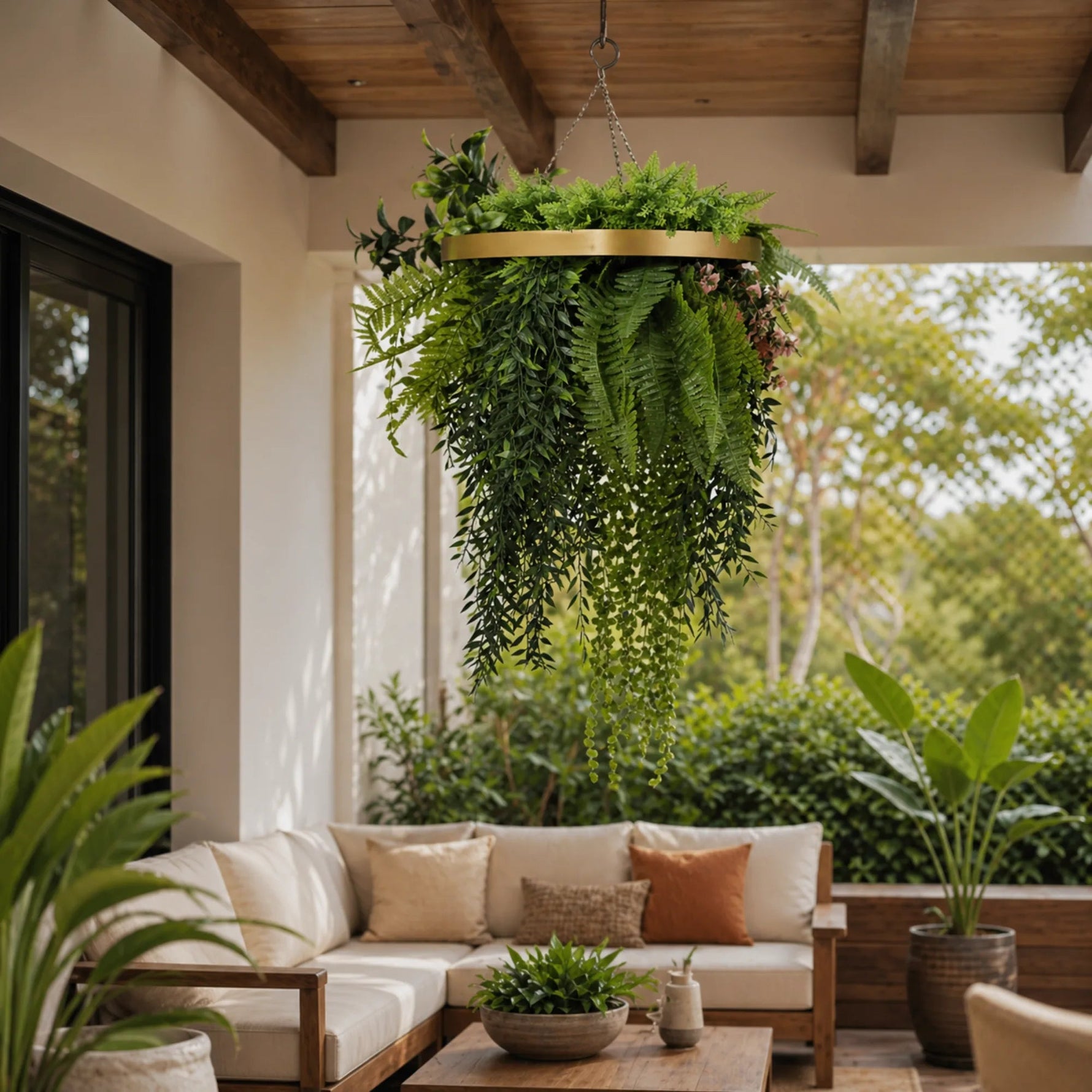 Outdoor living space with a hanging plant, sofa, and potted plants.
