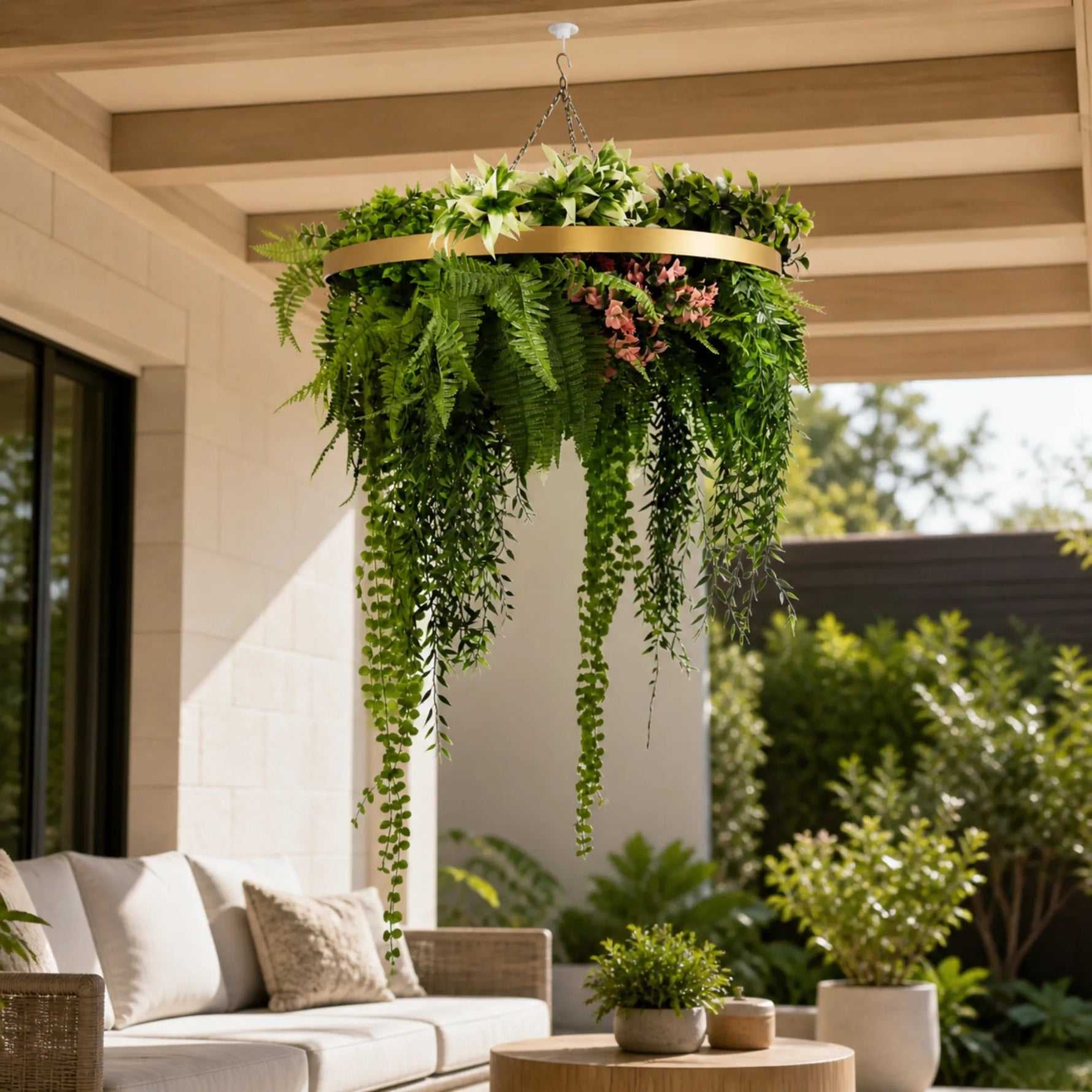 Gold Artificial Hanging Plant Disc Chandelier with Trailing Foliage — 60cm UV Resistant - Designer Vertical Gardens artificial hanging fern Artificial vertical garden wall disc