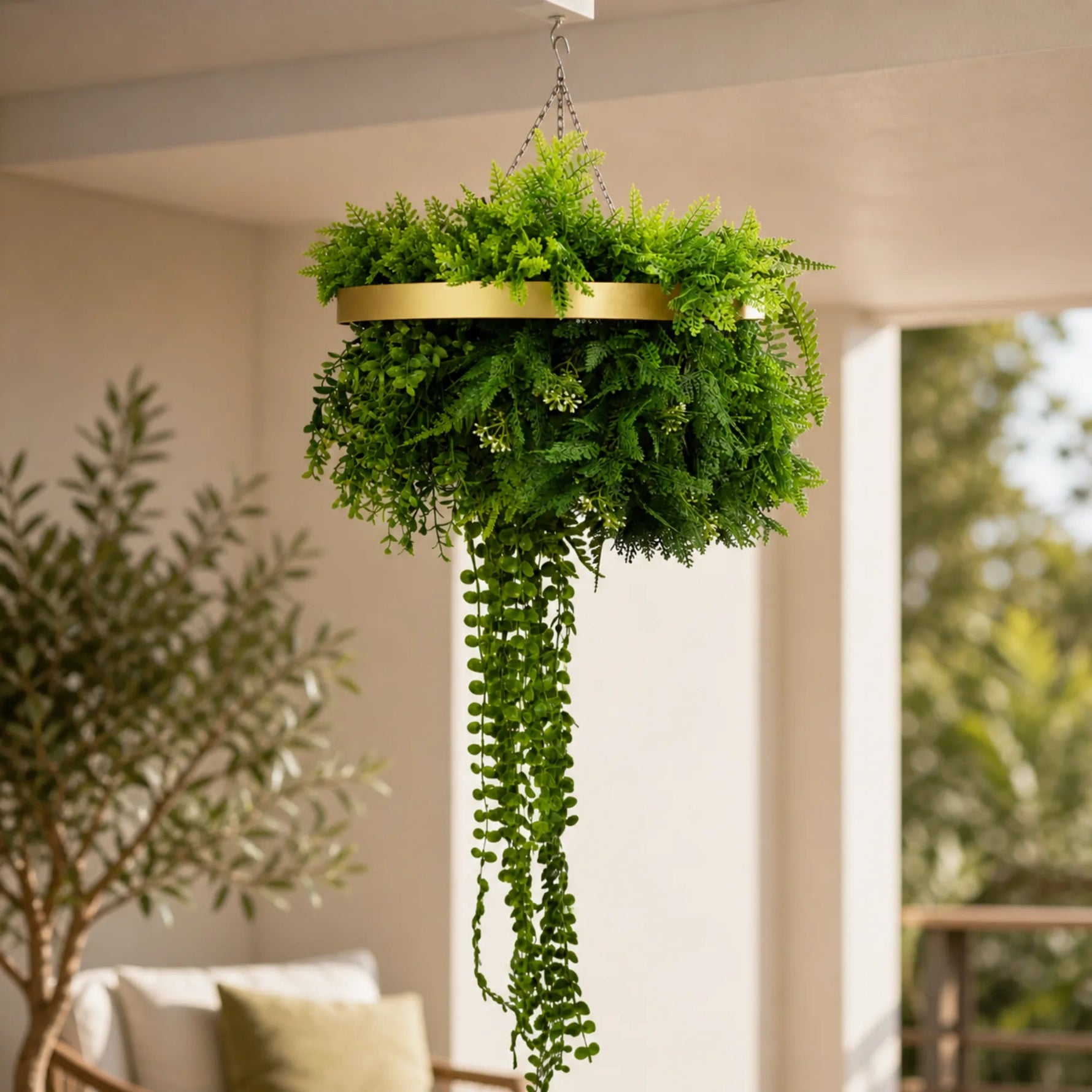 Hanging green plant in a gold pot indoors with a blurred background