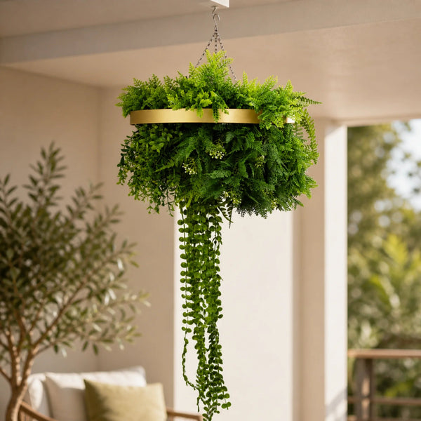 Gold Artificial Hanging Plant Disc Chandelier with Trailing Foliage & Pearls — 40cm UV Resistant — gallery image 5