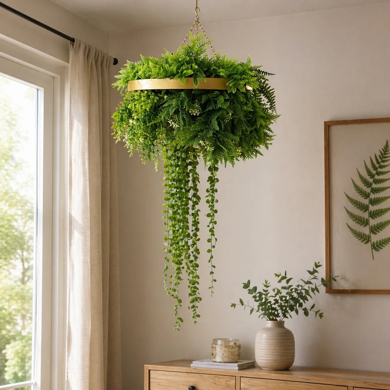 Gold Artificial Hanging Plant Disc Chandelier with Trailing Foliage & Pearls — 40cm UV Resistant - Designer Vertical Gardens artificial hanging basket artificial hanging fern