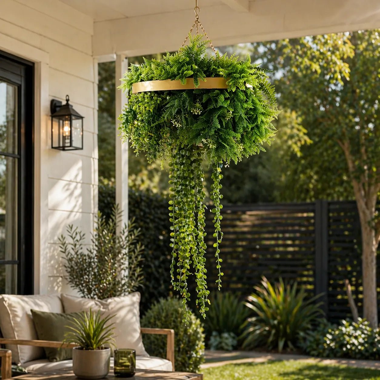Gold Artificial Hanging Plant Disc Chandelier with Trailing Foliage & Pearls — 40cm UV Resistant - Designer Vertical Gardens artificial hanging basket artificial hanging fern