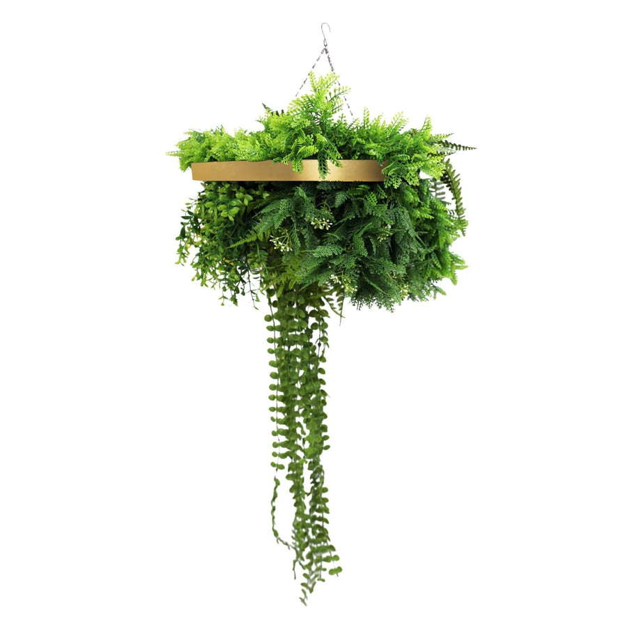 Gold Artificial Hanging Plant Disc Chandelier with Trailing Foliage & Pearls — 40cm UV Resistant