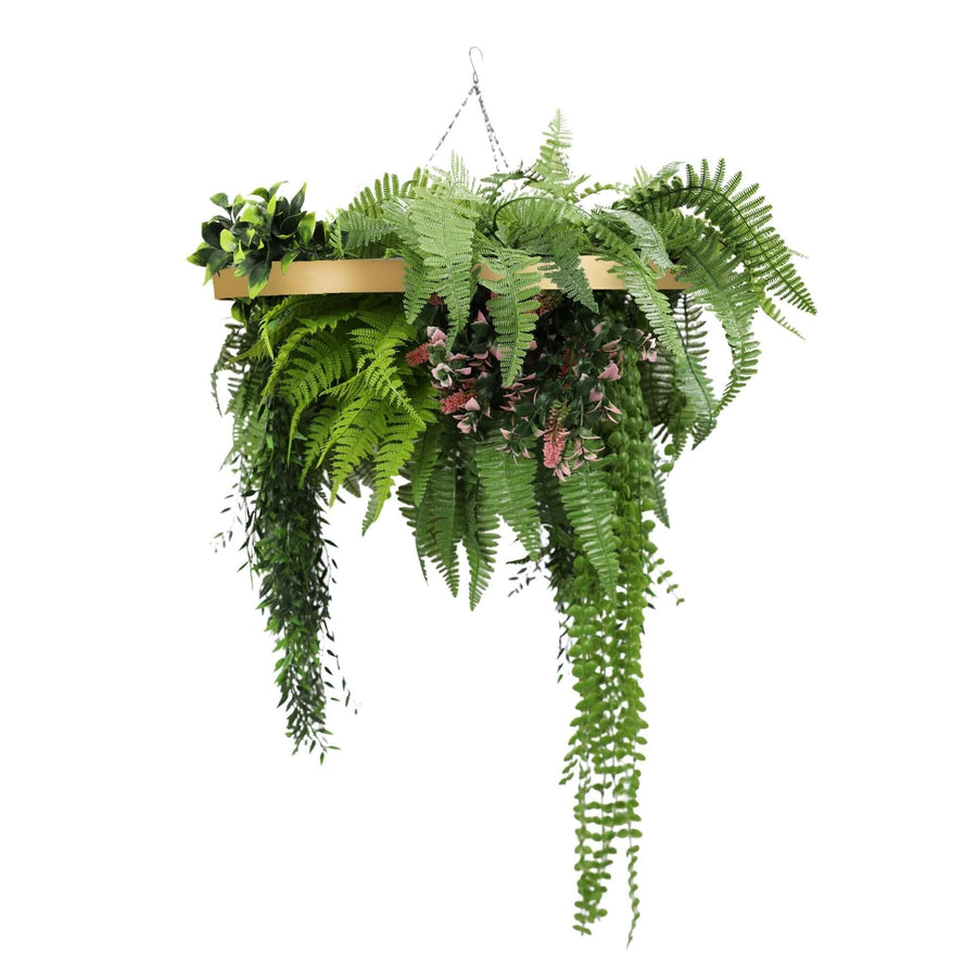 Gold Hanging Disc Green Wall Chandelier with Lifelike Trailing Foliage — 60cm UV Resistant