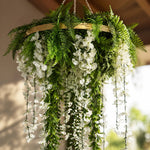 Gold Hanging Disc Wisteria Chandelier with Lifelike Trailing Blooms — 60cm UV Resistant - Designer Vertical Gardens artificial hanging fern artificial hanging ferns