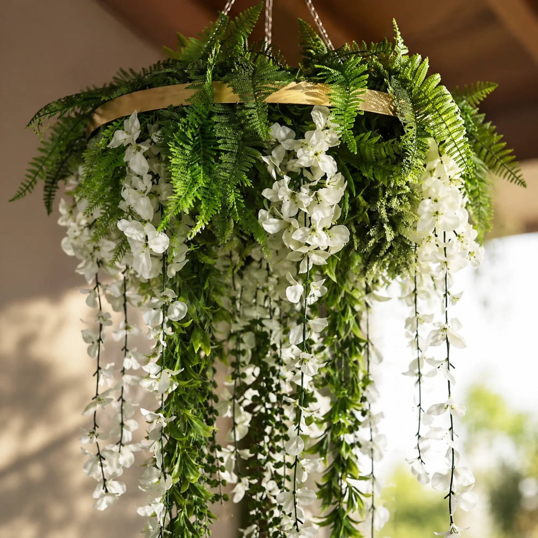 Gold Hanging Disc Wisteria Chandelier with Lifelike Trailing Blooms — 60cm UV Resistant - Designer Vertical Gardens artificial hanging fern artificial hanging ferns