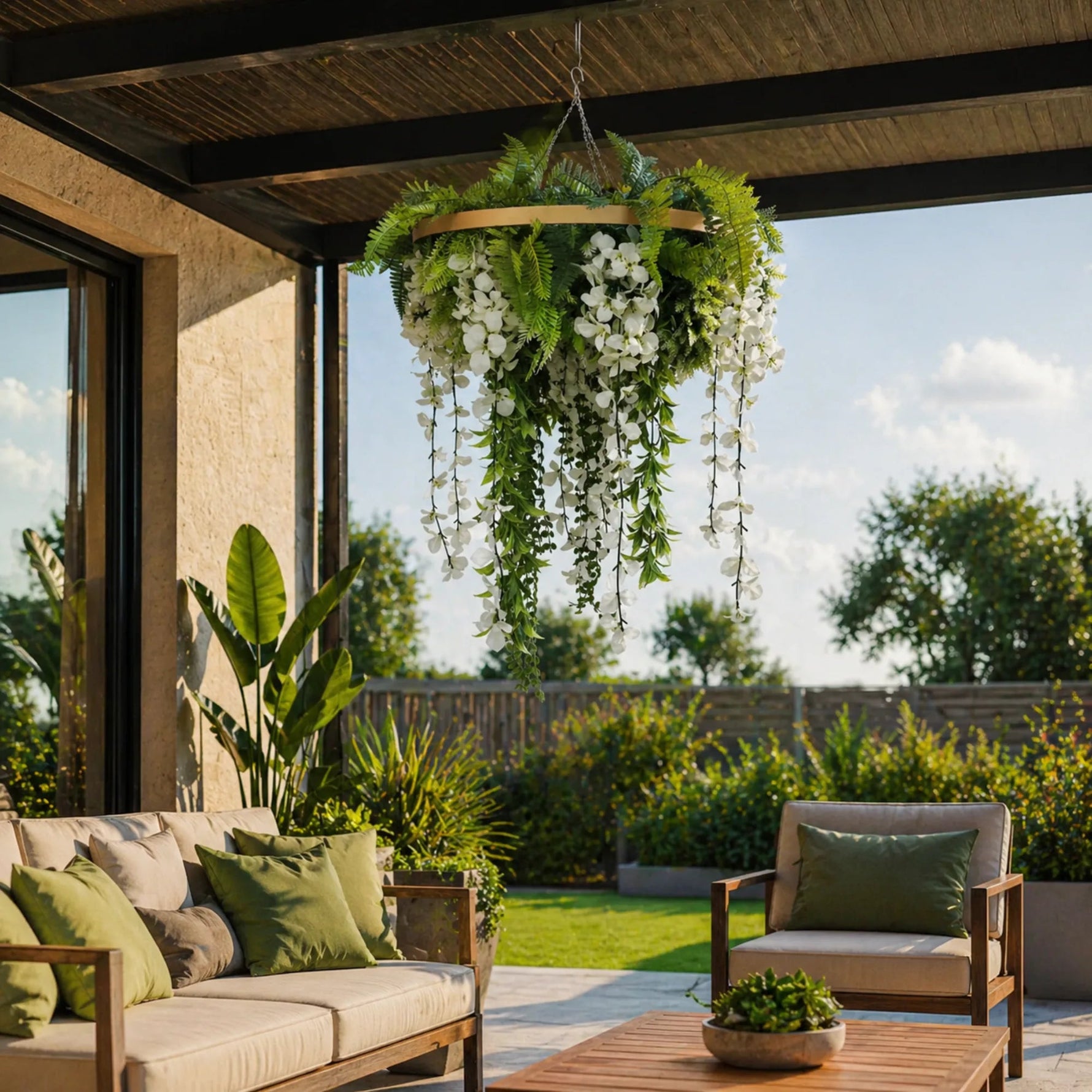 Outdoor patio with a couch, chairs, and hanging floral decorations on a sunny day.