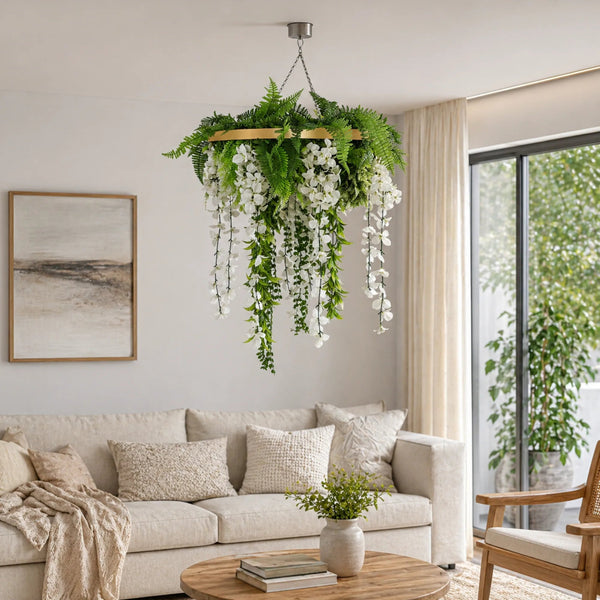 Gold Artificial Hanging Wisteria Disc Chandelier with Trailing Blooms — 60cm UV Resistant — gallery image 6