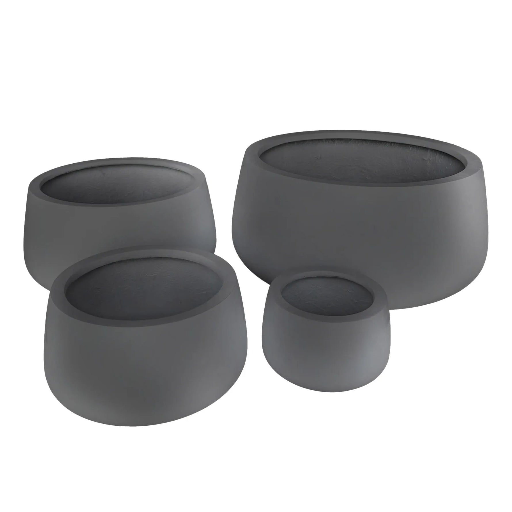 Set of four gray planters of different sizes on a white background