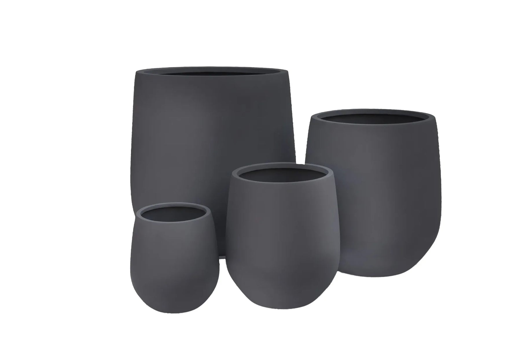 Set of five black ceramic pots on a white background