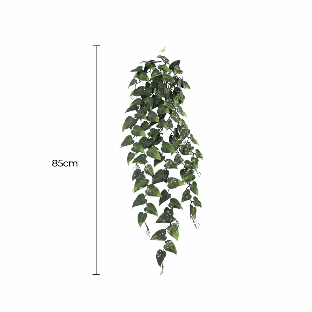 Artificial hanging plant with measurement label on a white background