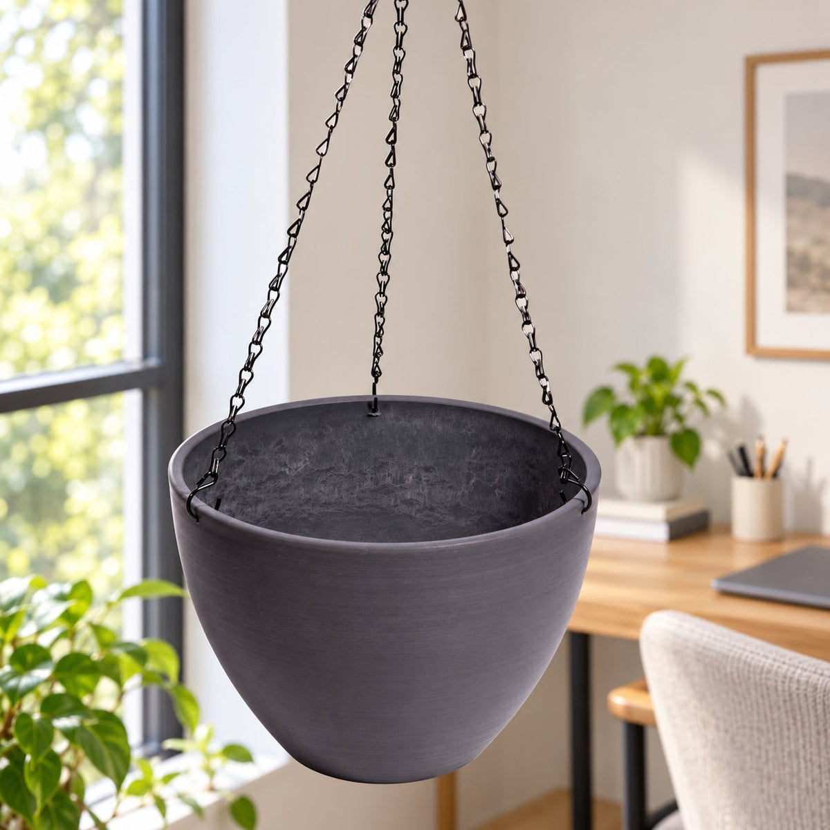 Hanging Grey Plastic Pot with Chain 30cm - Designer Vertical Gardens Pots