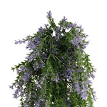 Artificial hanging basket with purple flowers and green leaves on a white background