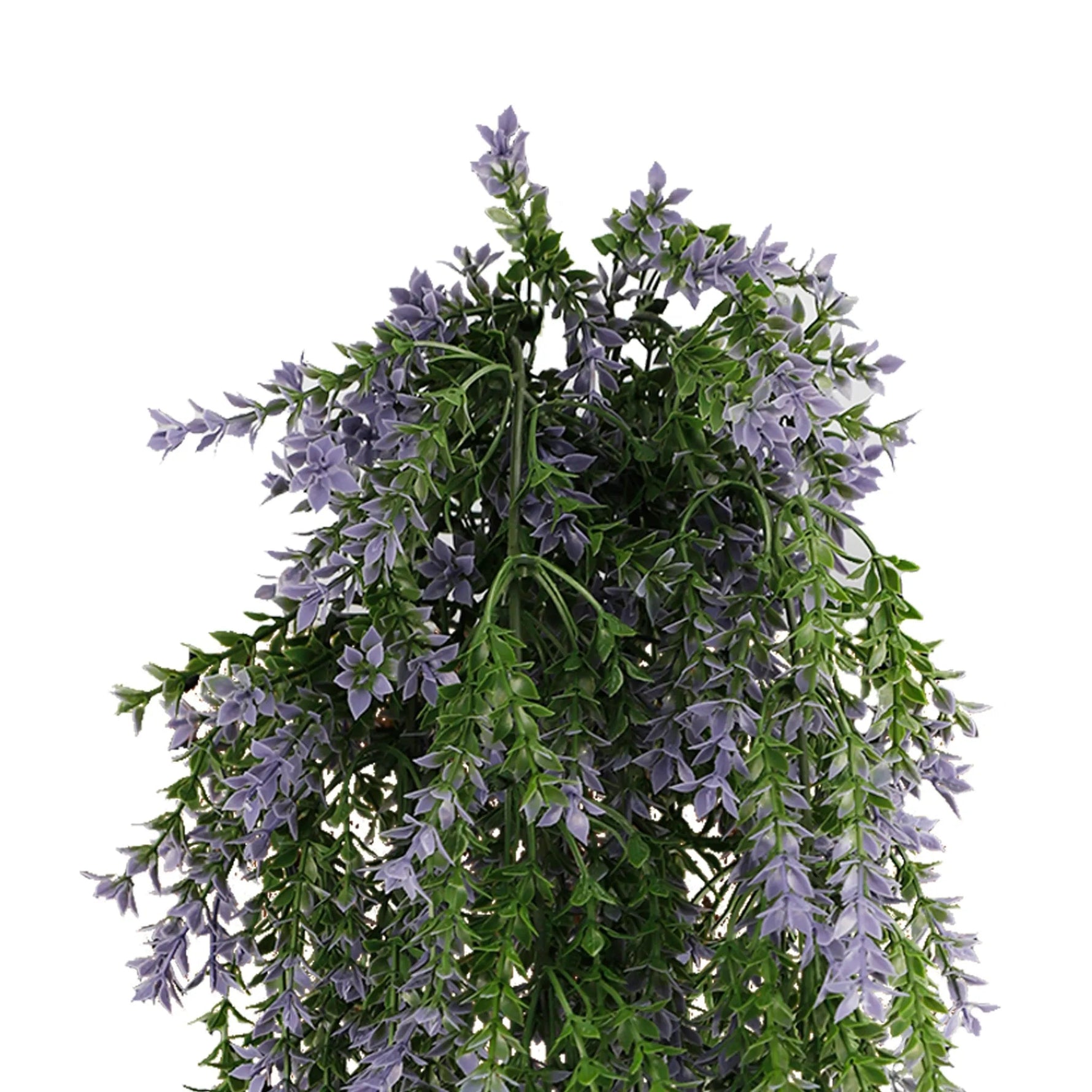 Artificial hanging basket with purple flowers and green leaves on a white background