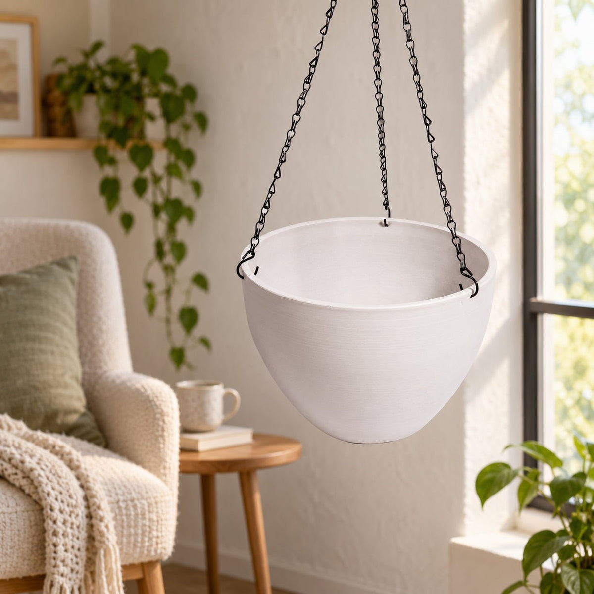 Hanging Rustic White Plastic Pot with Chain 30cm - Designer Vertical Gardens Pots