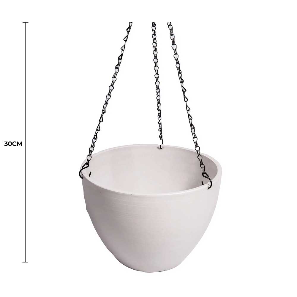 White hanging planter with chains on a white background