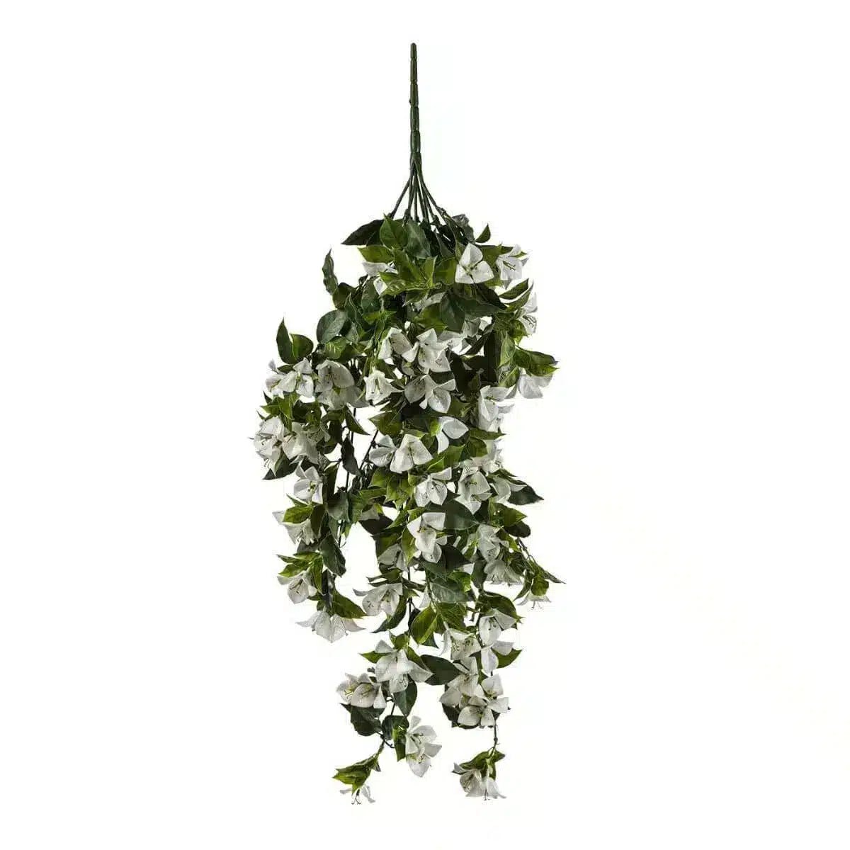 Artificial hanging plant with white flowers on a white background