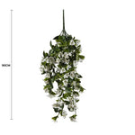 Artificial hanging plant with white flowers and green leaves, shown with a 90cm measurement on a white background.