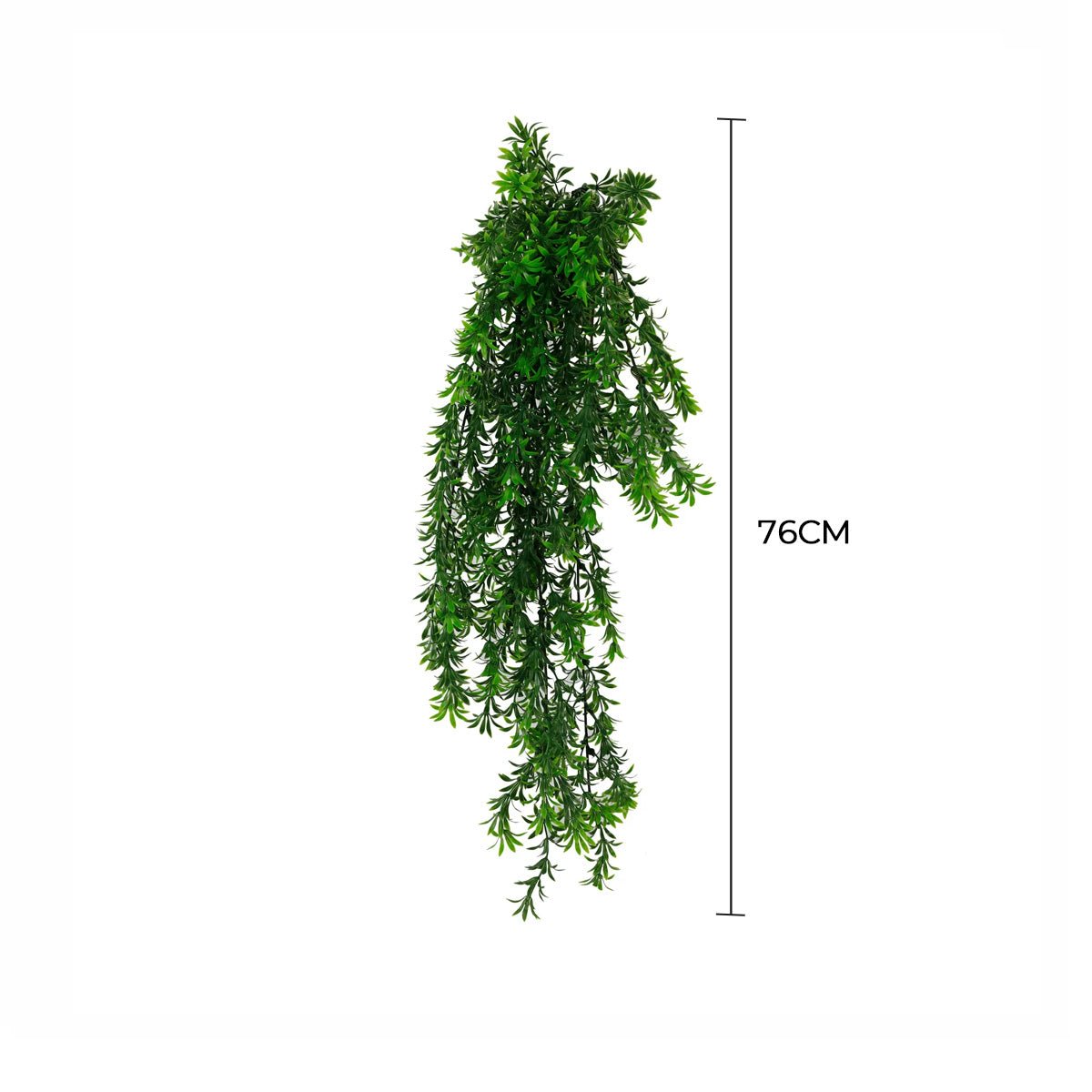 Artificial hanging plant with dimensions on a white background