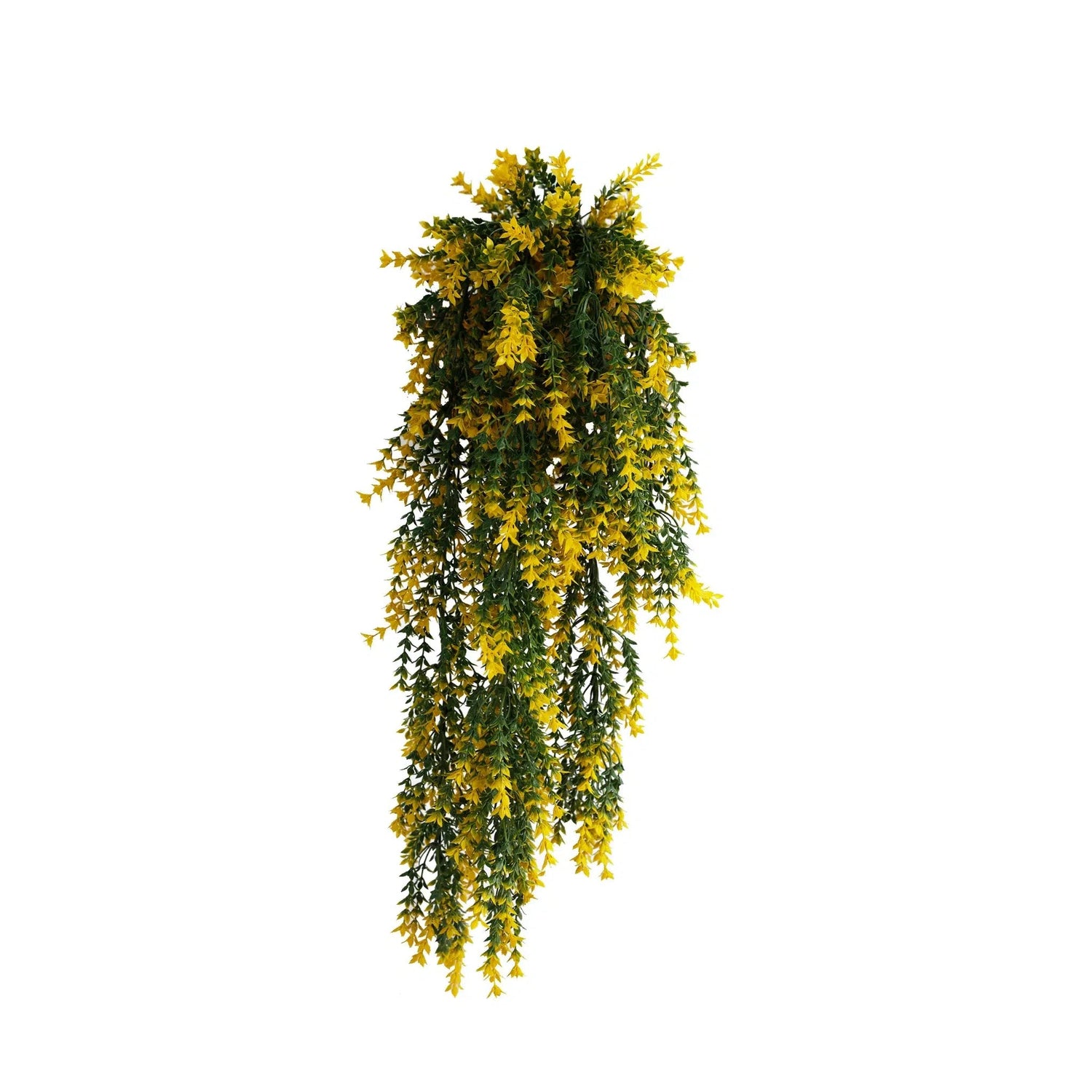 Artificial hanging plant with yellow flowers on a white background