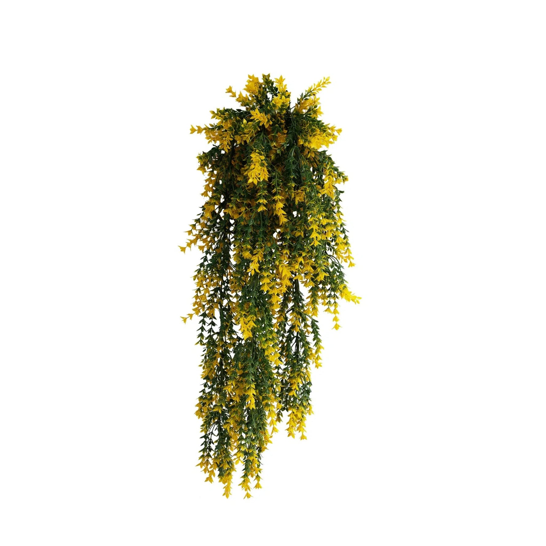 Artificial hanging plant with yellow flowers on a white background