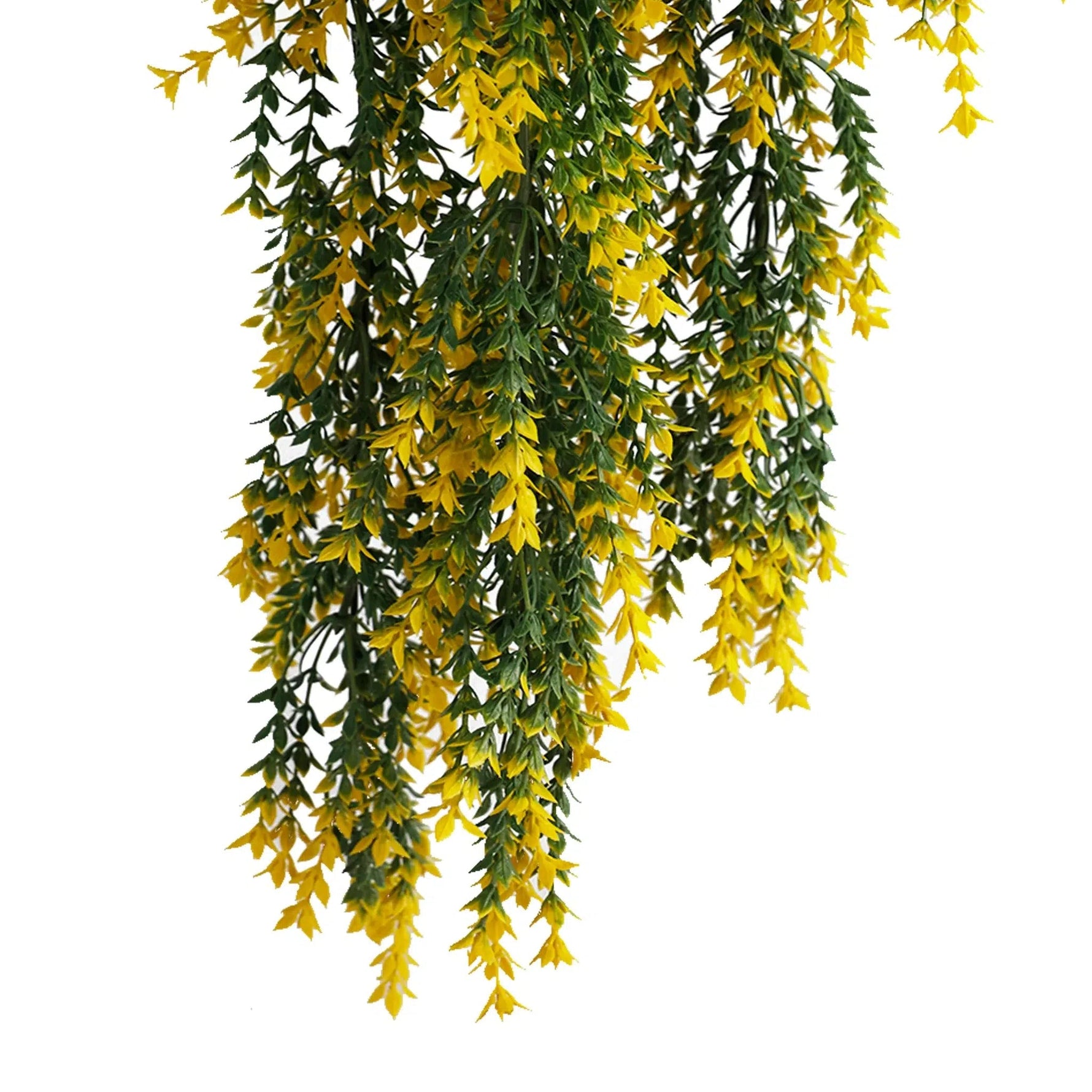 Artificial hanging plant with yellow flowers on a white background