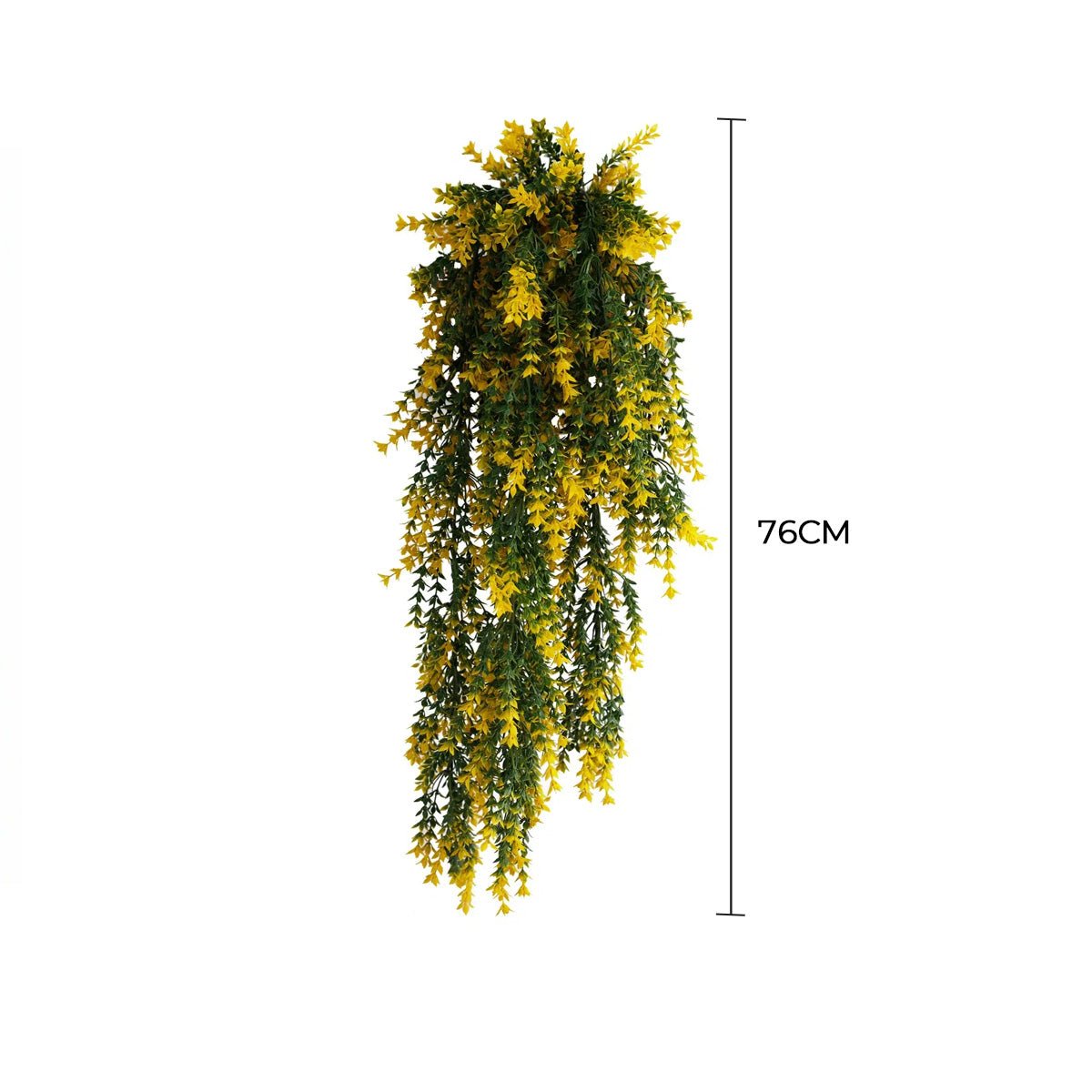 Artificial hanging plant with yellow flowers and green leaves, 76cm tall, on a white background