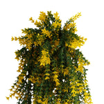 Artificial hanging plant with yellow flowers and green leaves on a white background