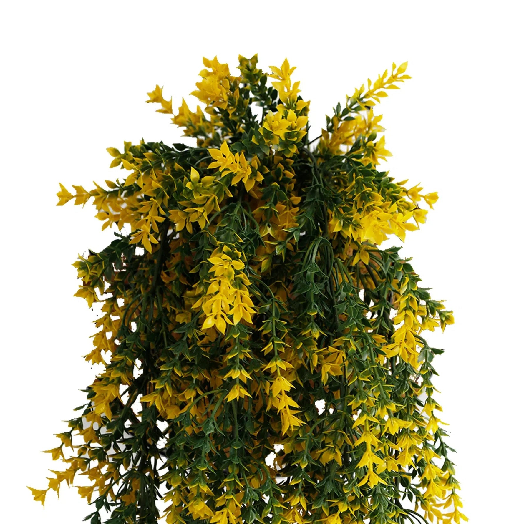 Artificial hanging plant with yellow flowers and green leaves on a white background