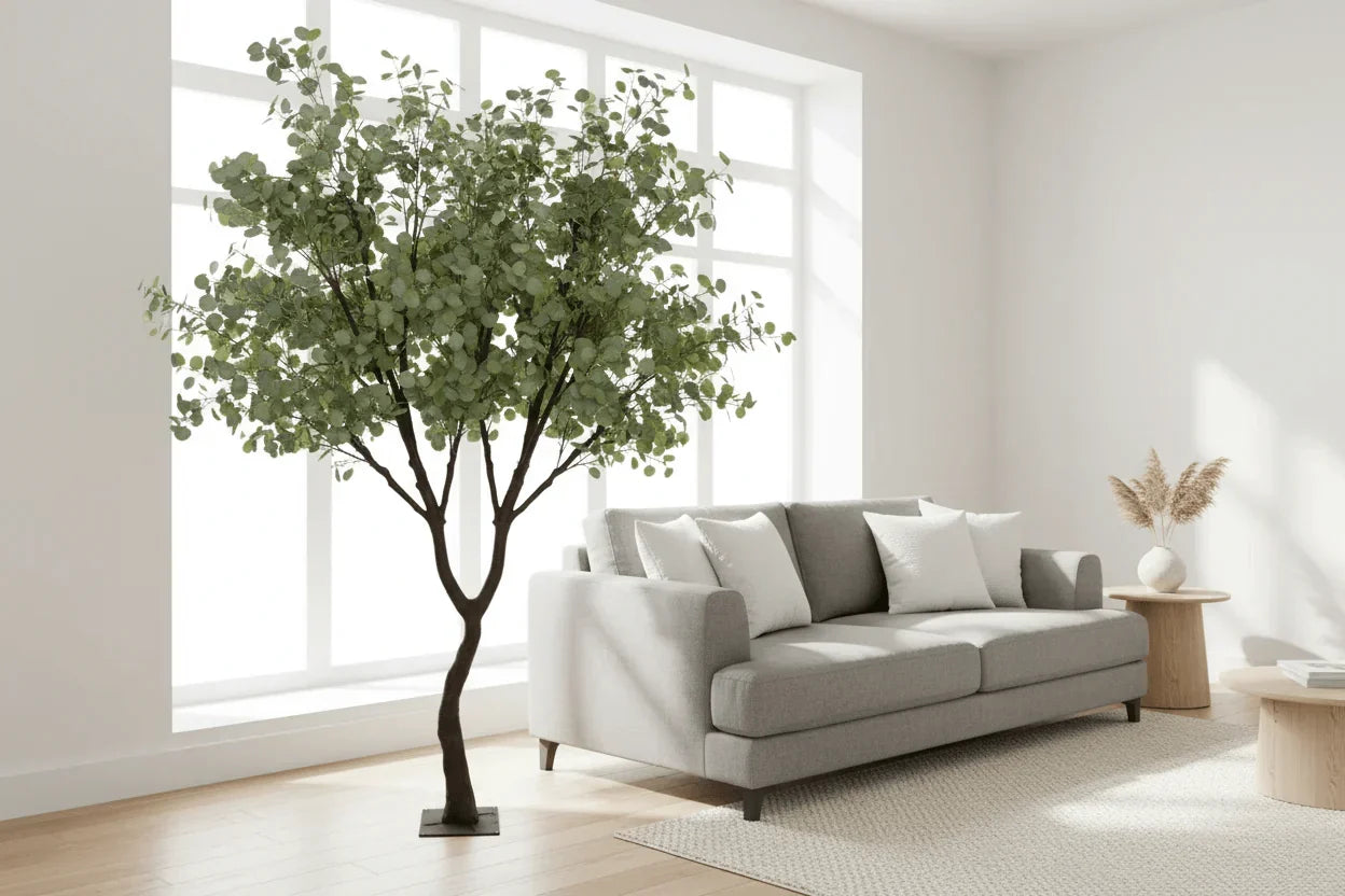 Artificial eucalyptus feature tree styled in living room