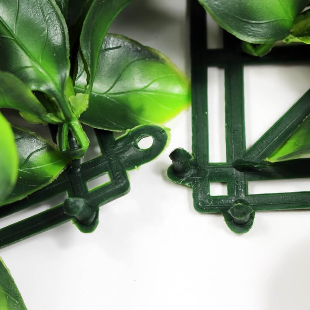 Green plastic frames with artificial leaves on a white background