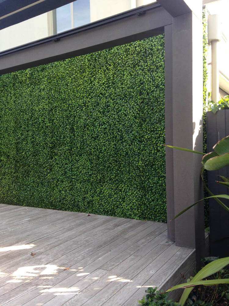 Artificial green wall panel on a wooden deck with a building in the background