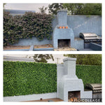 Outdoor barbecue area with stone-built barbecue and greenery in the background.