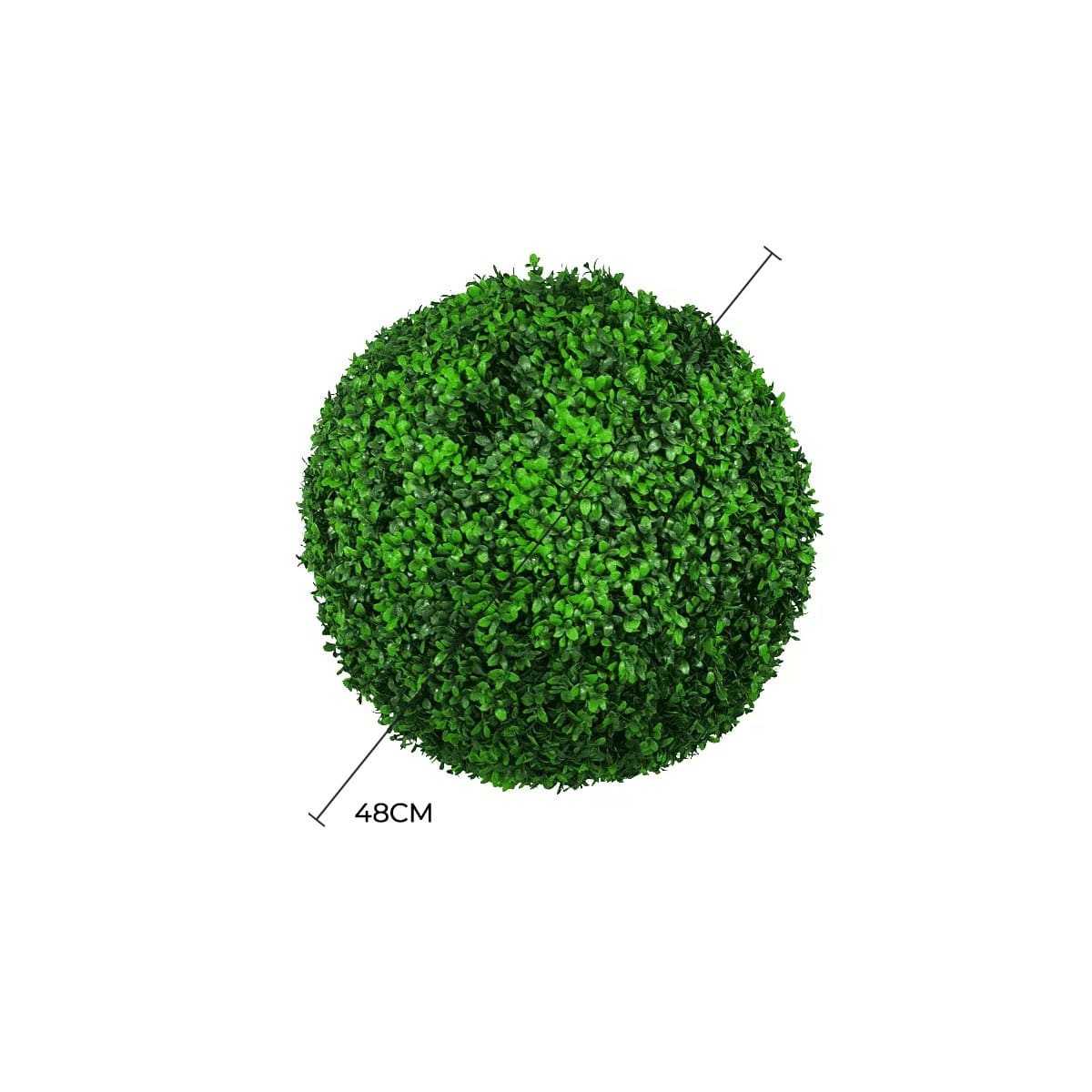 Artificial boxwood ball with a measurement label on a white background