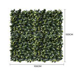 Square artificial green wall panel with dimensions on a white background