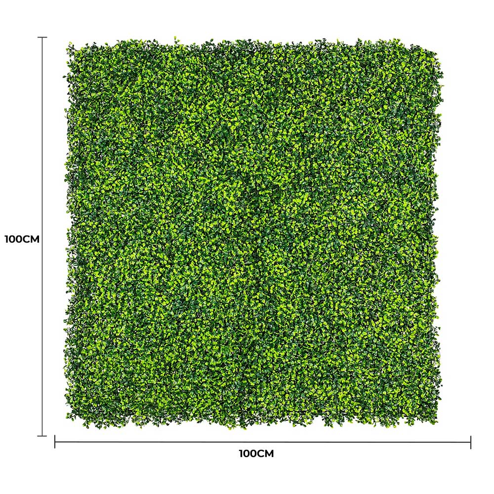 Square piece of artificial greenery with dimensions indicated