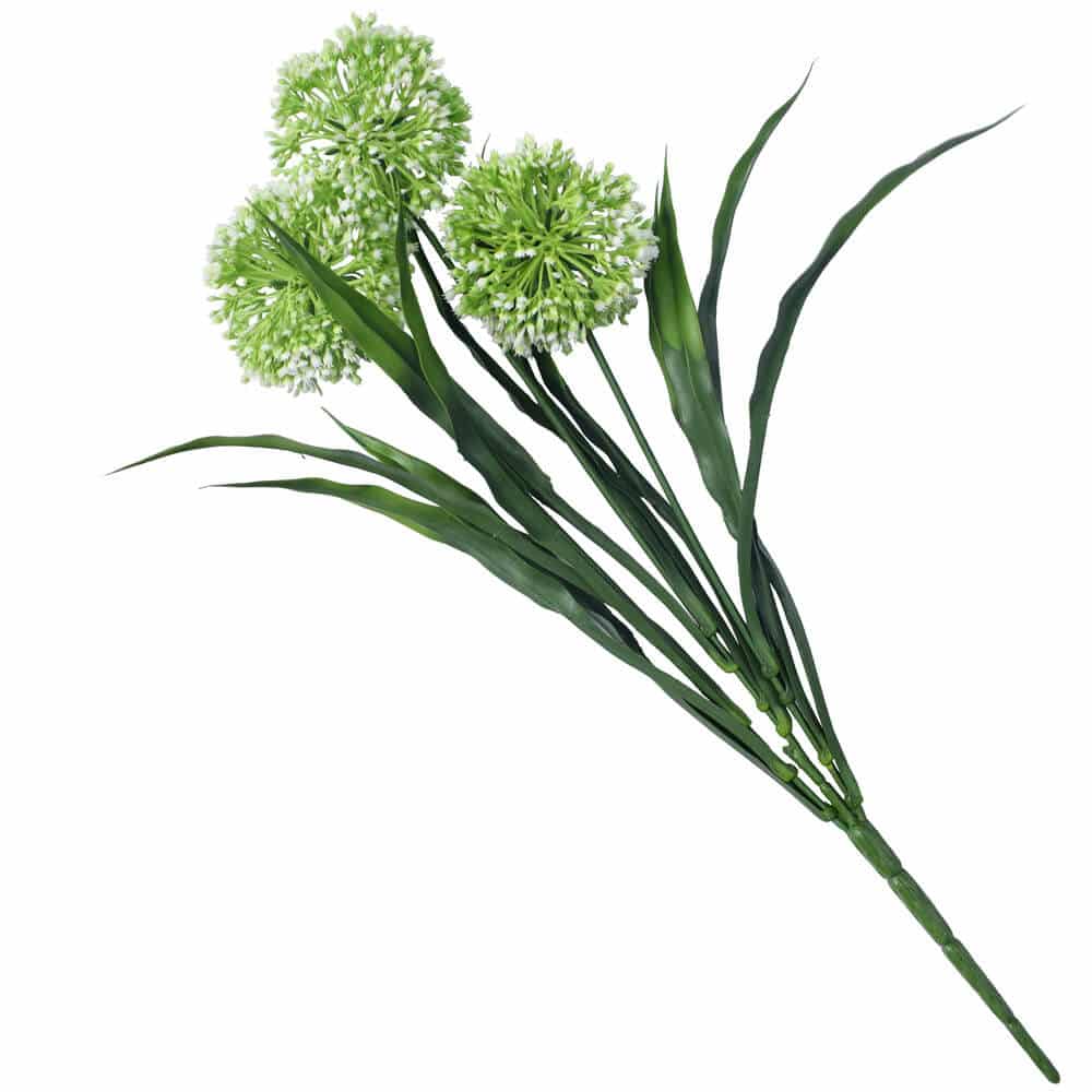 Artificial green onion flower branch on a white background