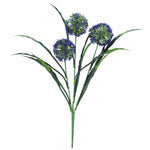 Artificial flower arrangement with blue flowers and green leaves on a white background