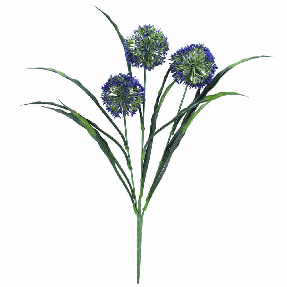 Artificial flower arrangement with blue flowers and green leaves on a white background