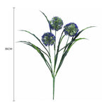 Artificial flower arrangement with blue flowers and green leaves, shown with a measurement of 35cm on a white background.