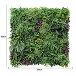 Artificial green wall panel with various plants and dimensions indicated.