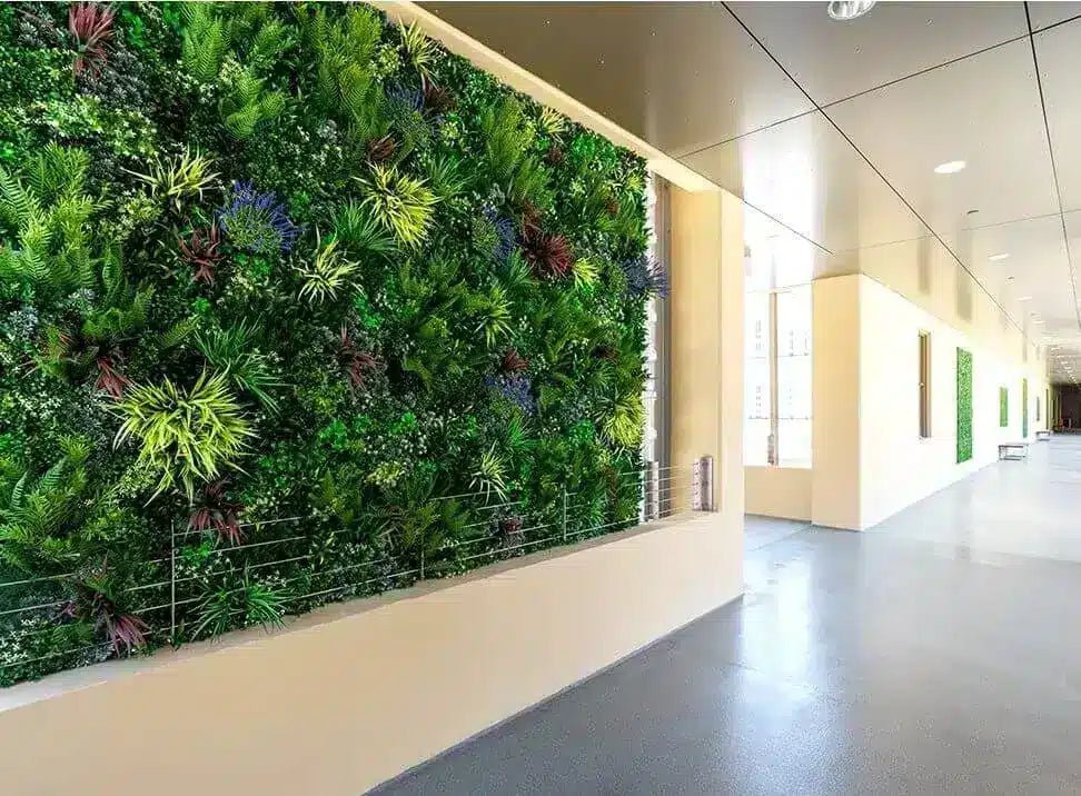 Modern office hallway with a green living wall