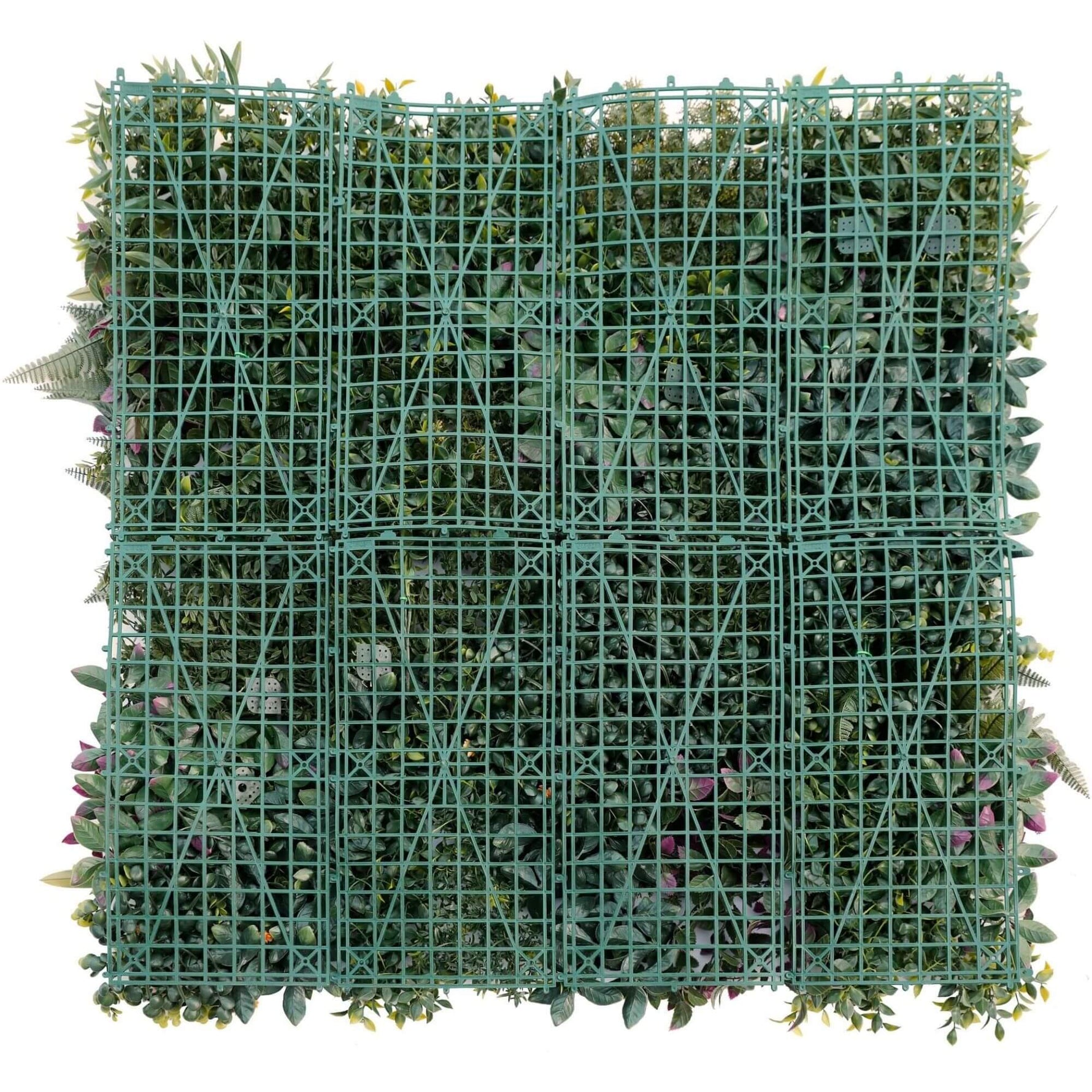 Square piece of artificial greenery with a grid pattern on a white background