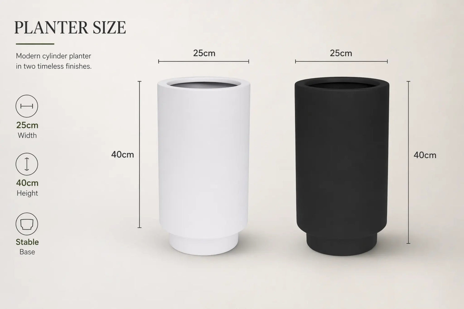 Two cylindrical planters, one white and one black, with dimensions labeled on a light gray background.