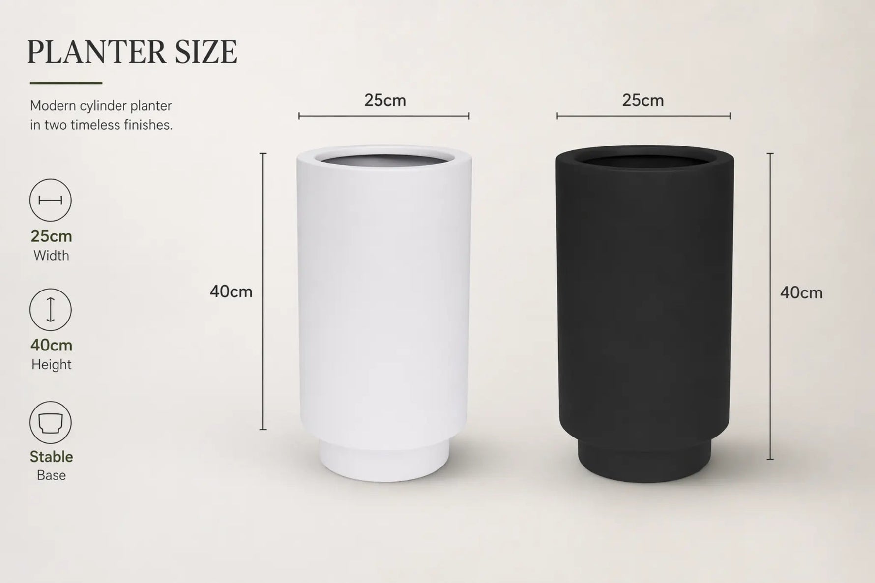 Two cylindrical planters, one white and one black, with dimensions labeled on a light gray background.